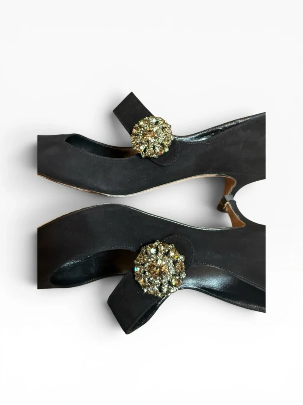 MANOLO BLAHNIK Verna Suede Crystal Buckle Mary Jane Kitten Heel Pumps EU 39 US 9